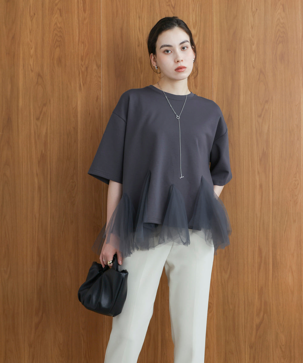 裾チュール五分袖チュニック
