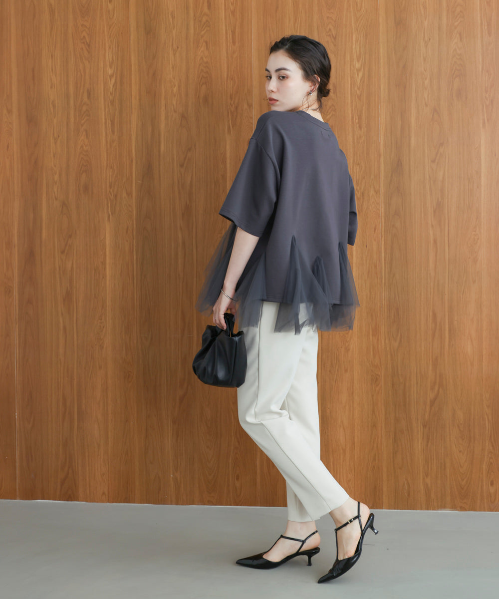 裾チュール五分袖チュニック