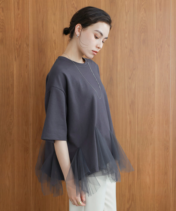 裾チュール五分袖チュニック