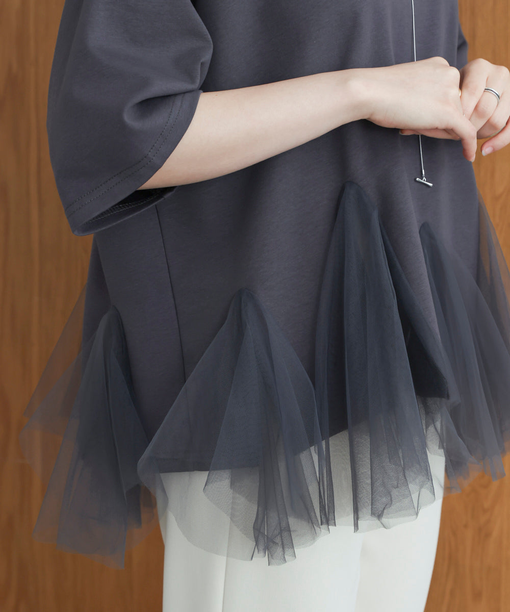 裾チュール五分袖チュニック