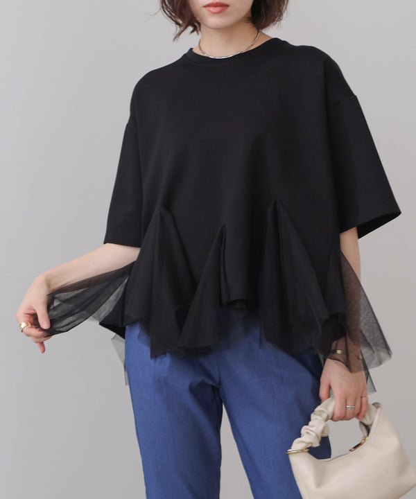 裾チュール五分袖チュニック