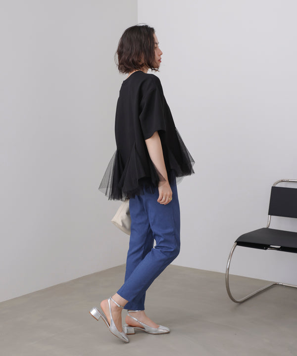 裾チュール五分袖チュニック