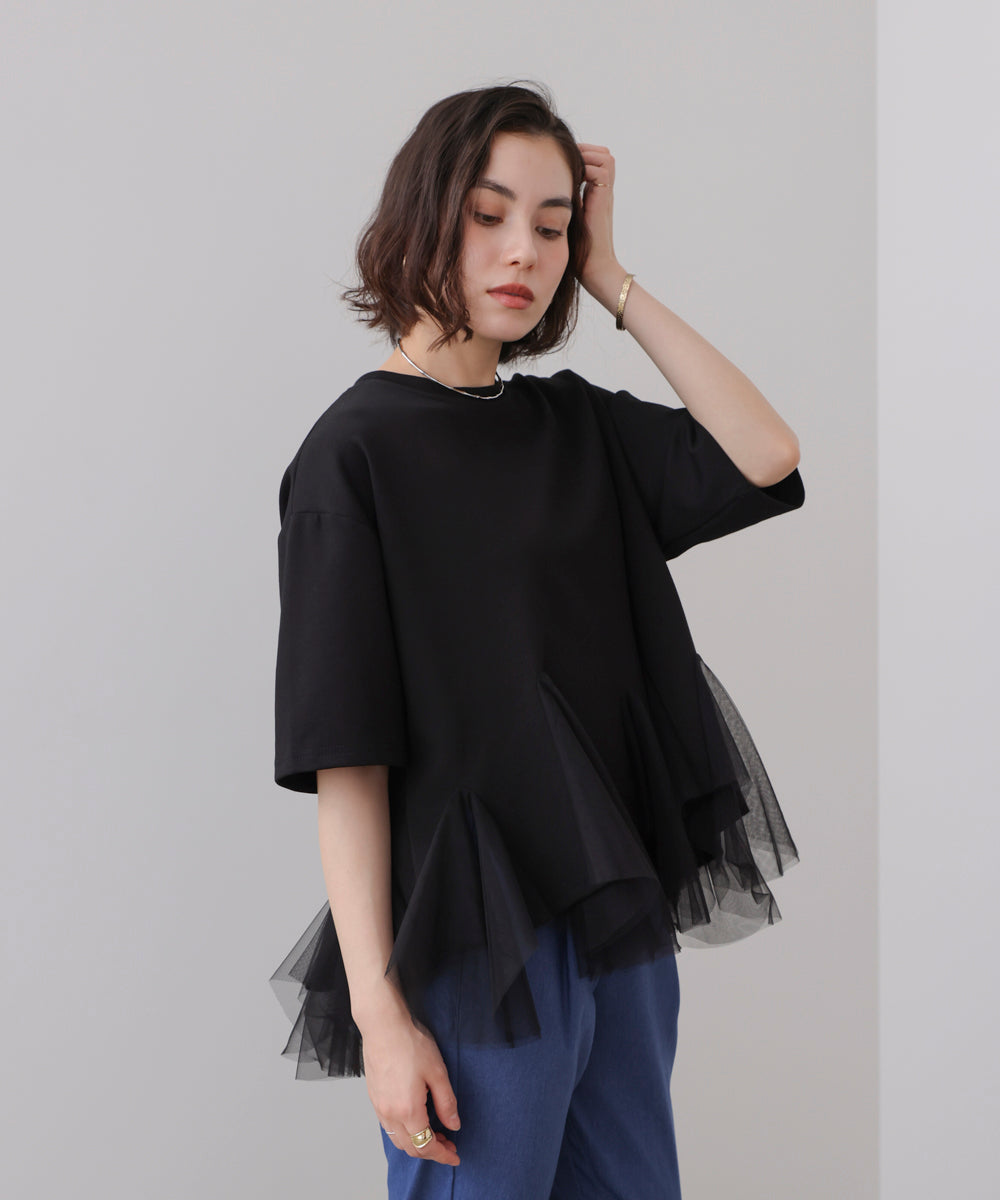 裾チュール五分袖チュニック