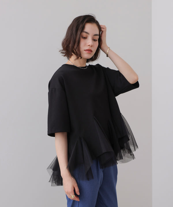 裾チュール五分袖チュニック