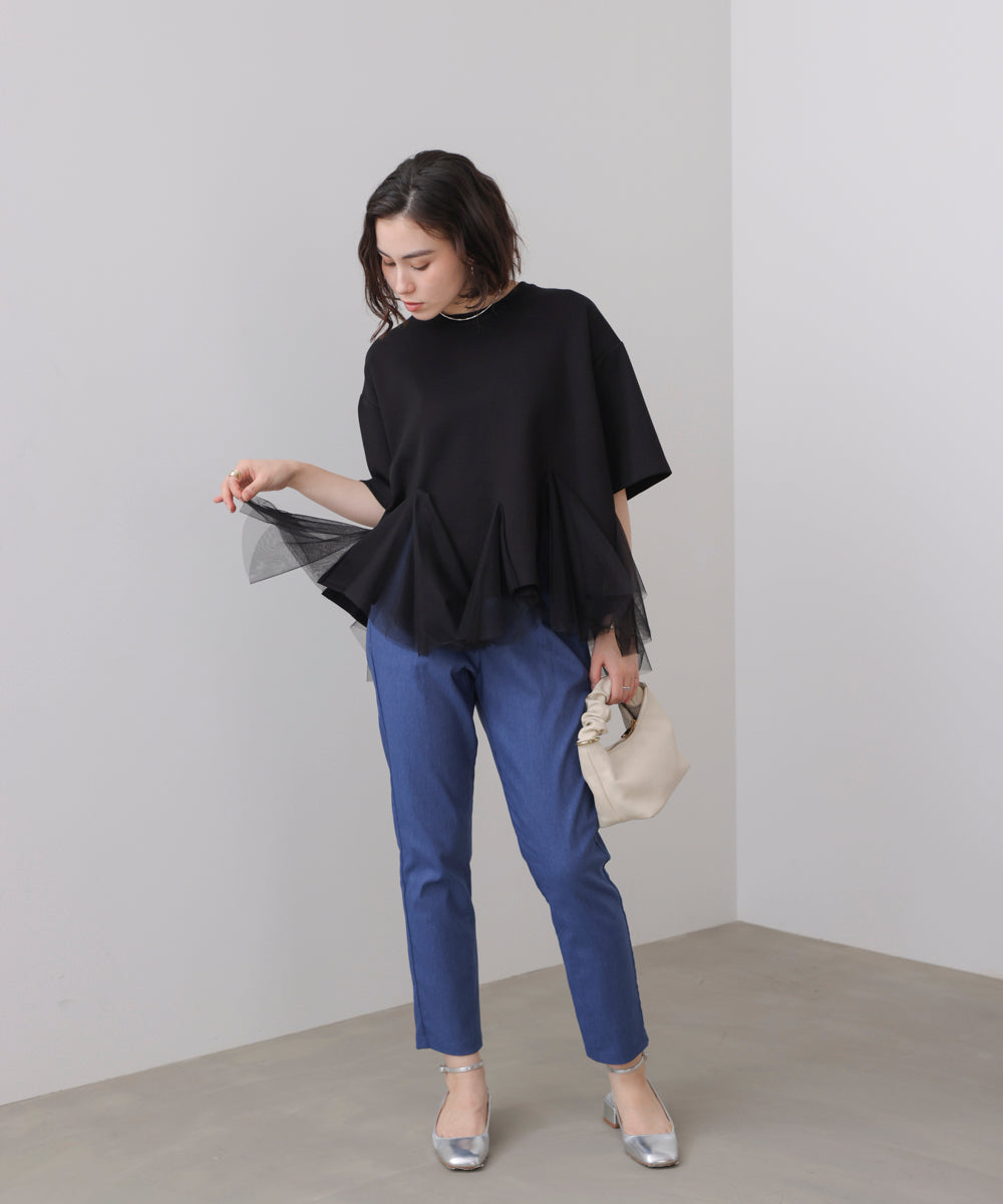 裾チュール五分袖チュニック