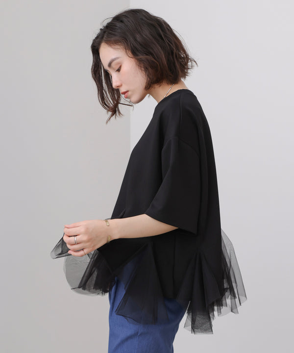 裾チュール五分袖チュニック