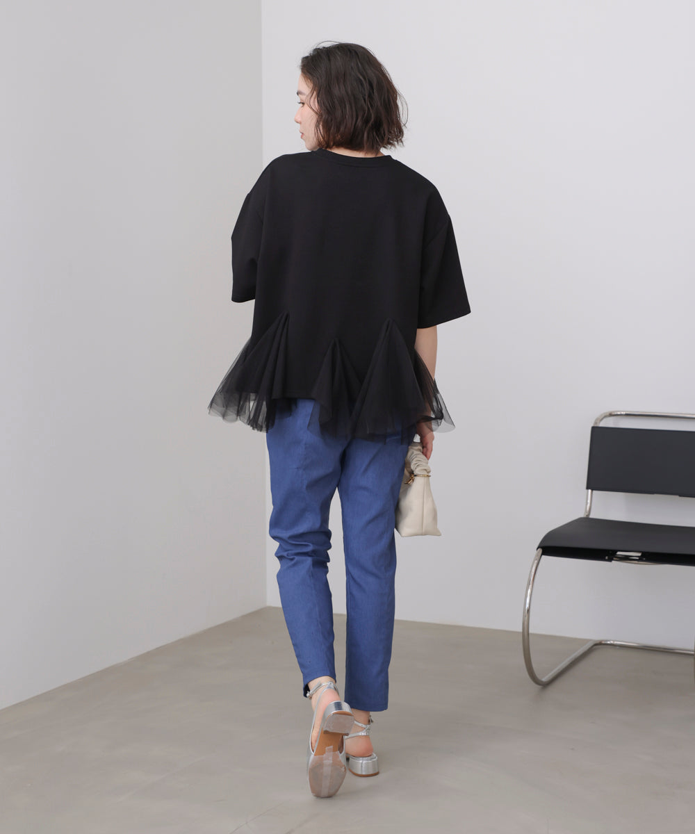 裾チュール五分袖チュニック