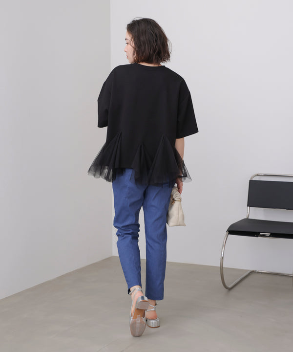 裾チュール五分袖チュニック