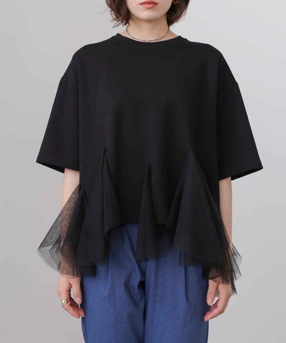 裾チュール五分袖チュニック