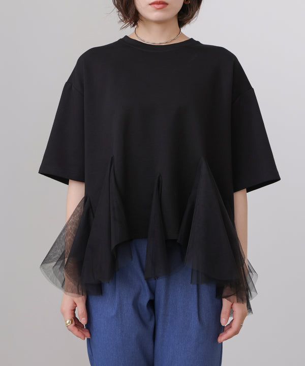 裾チュール五分袖チュニック