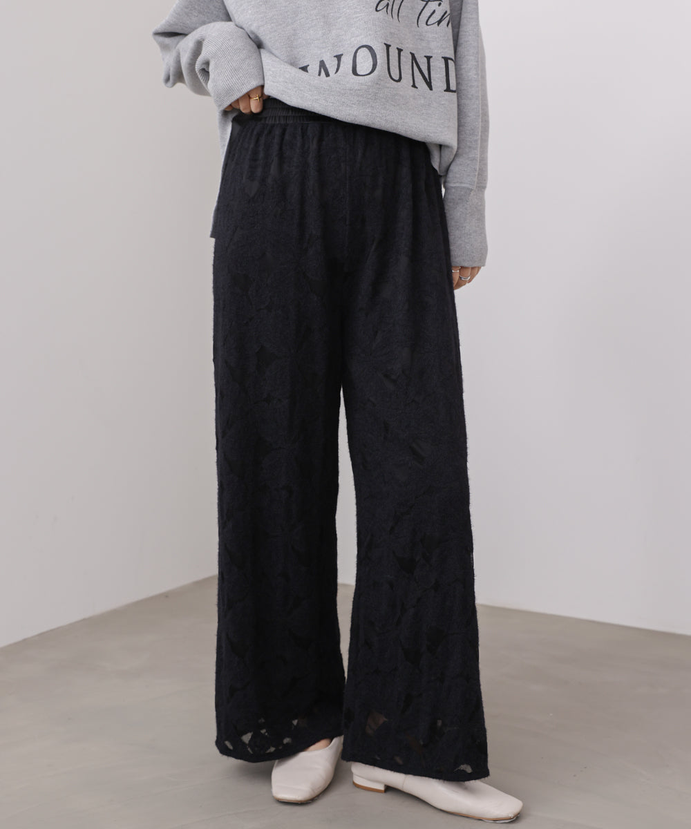 起毛レースワイドパンツ