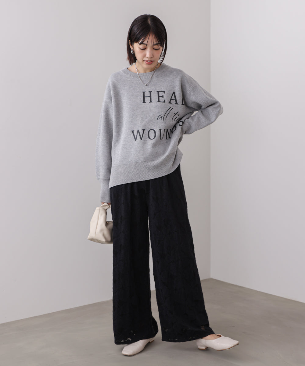 起毛レースワイドパンツ