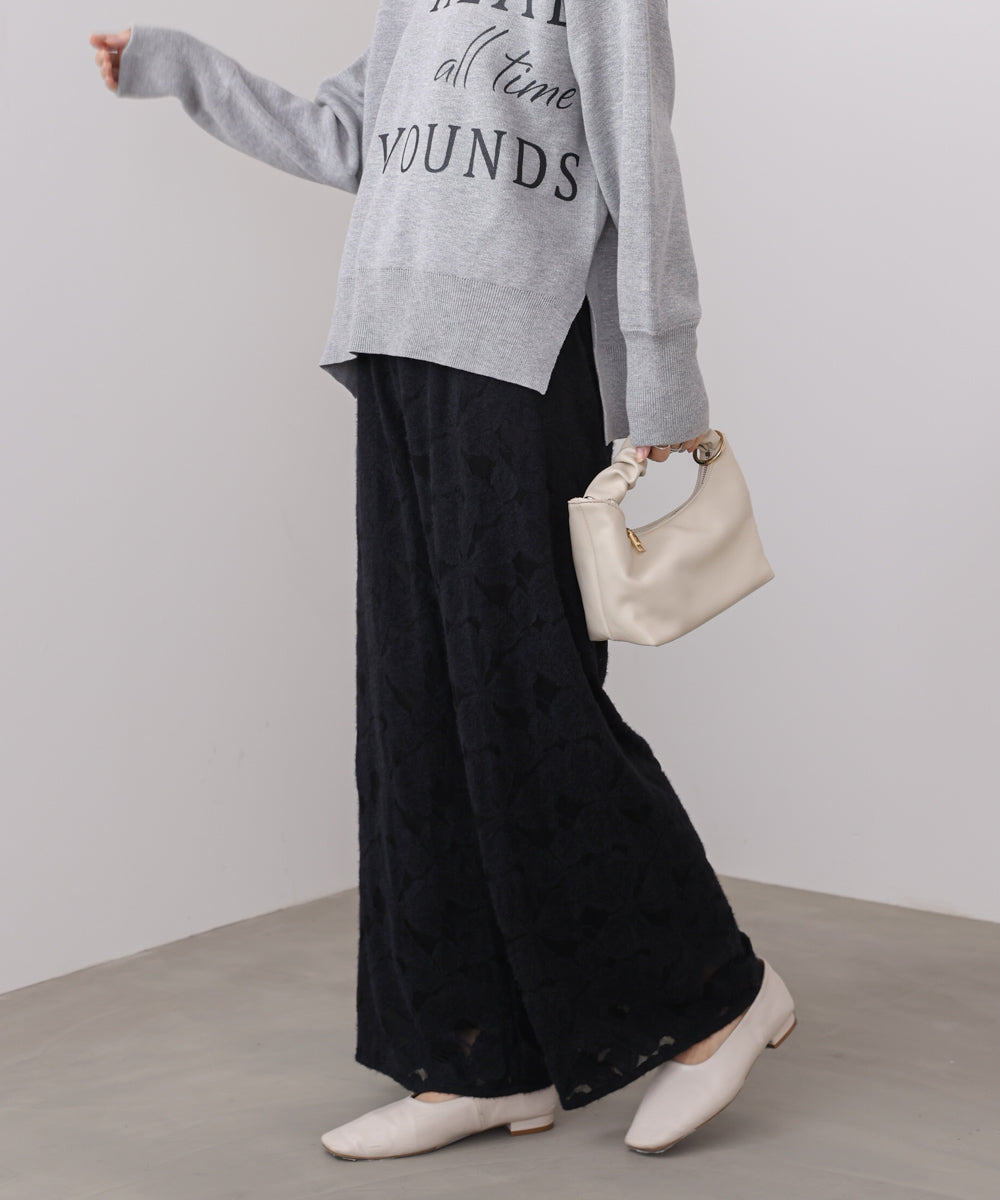 起毛レースワイドパンツ