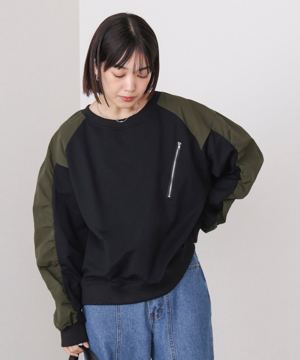 袖ギャザー異素材プルオーバー