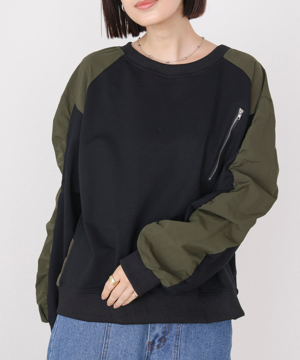 袖ギャザー異素材プルオーバー