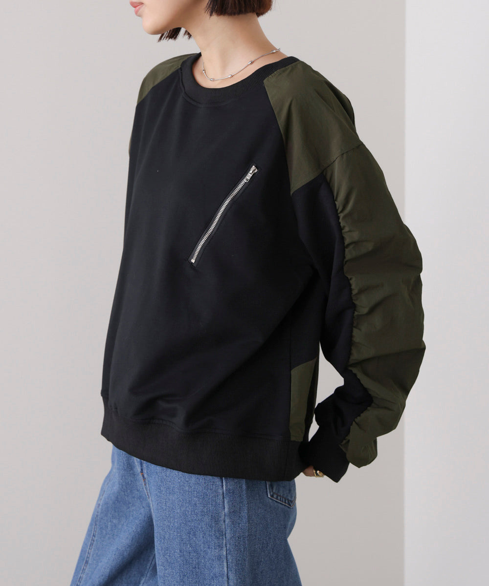袖ギャザー異素材プルオーバー