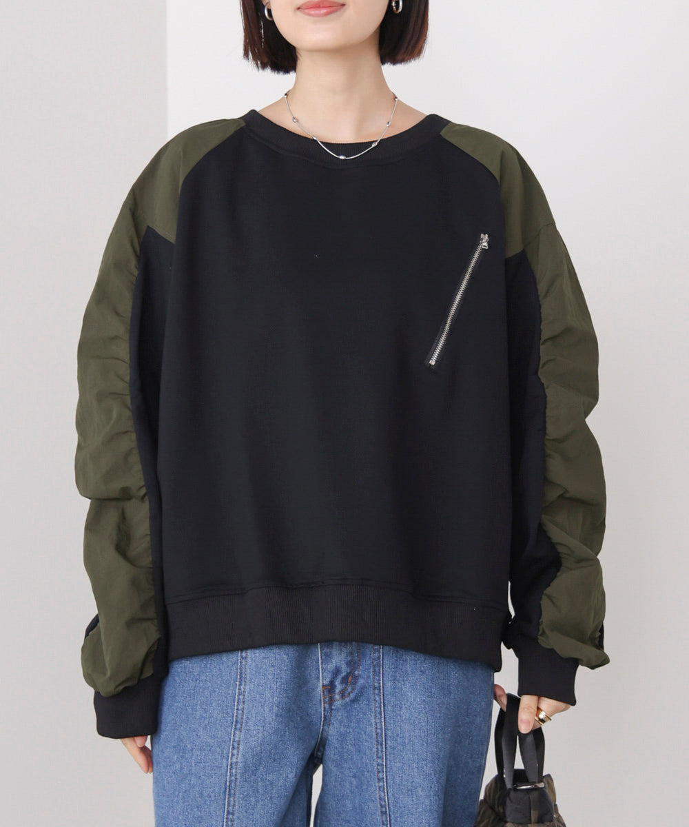 袖ギャザー異素材プルオーバー