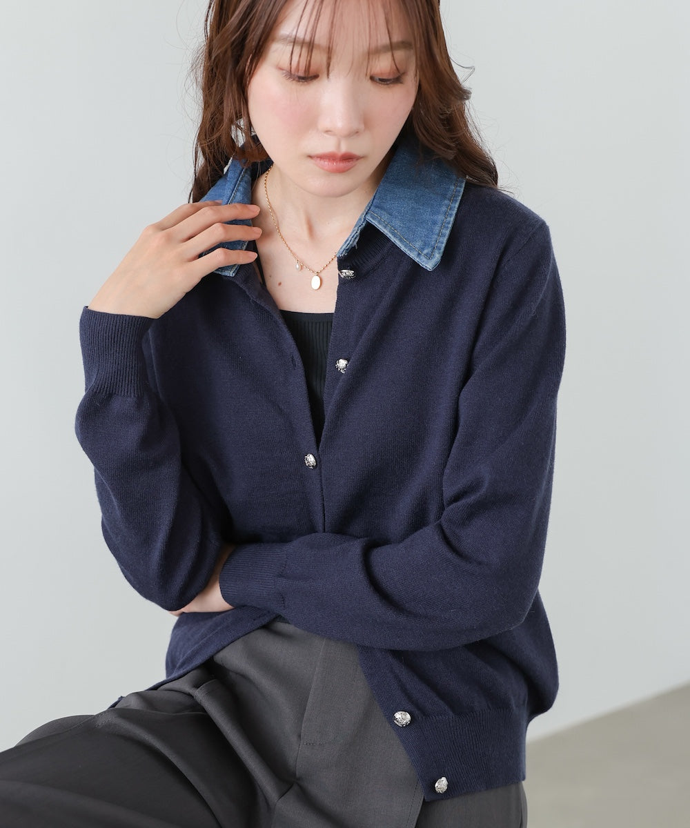 衿デニムドッキングニットカーディガン