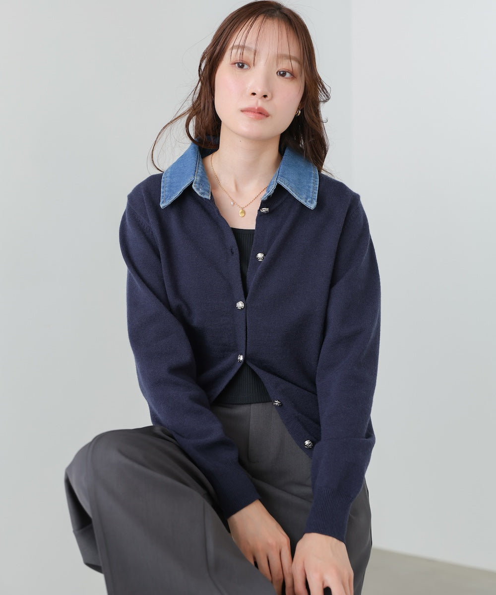衿デニムドッキングニットカーディガン