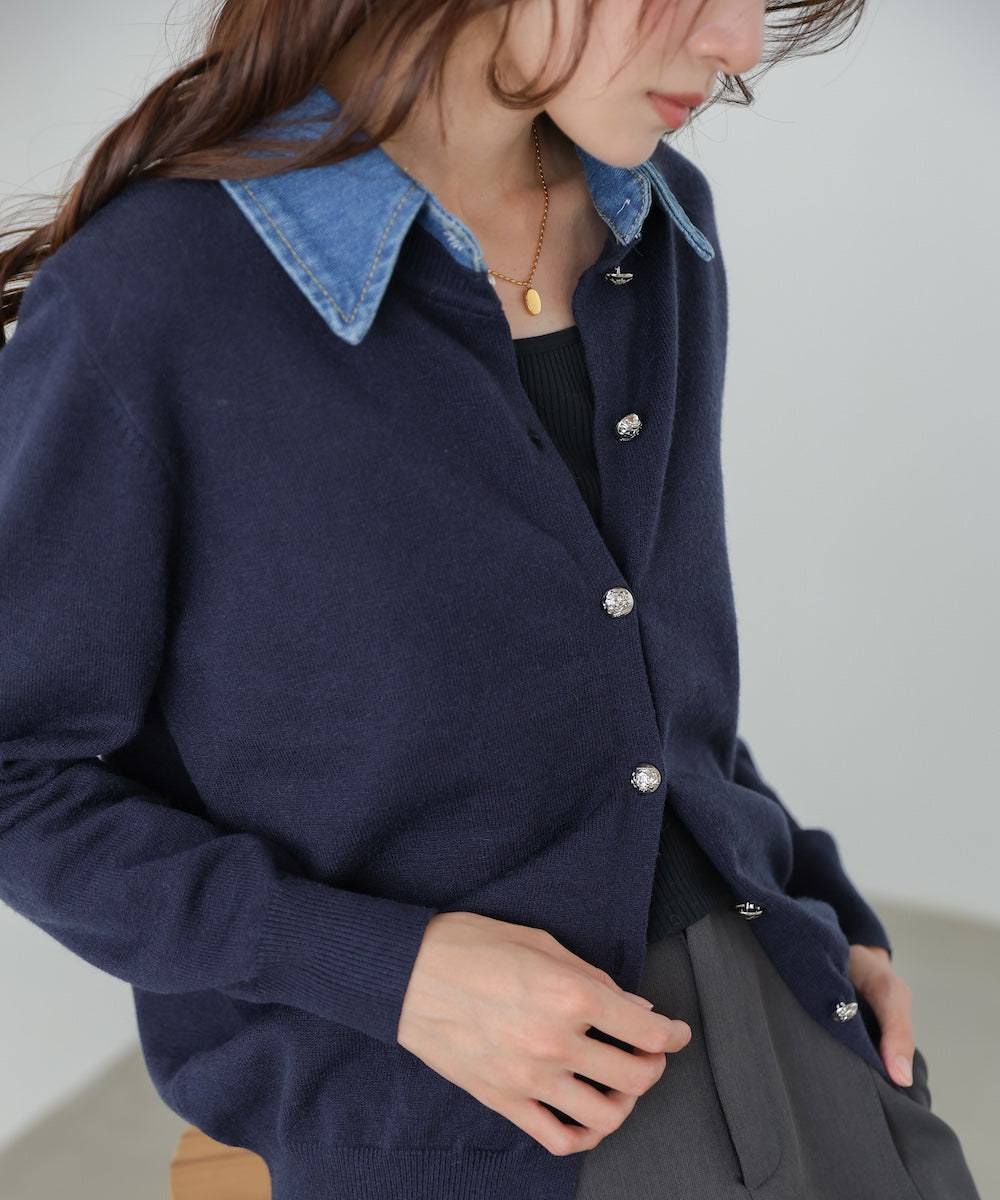 衿デニムドッキングニットカーディガン