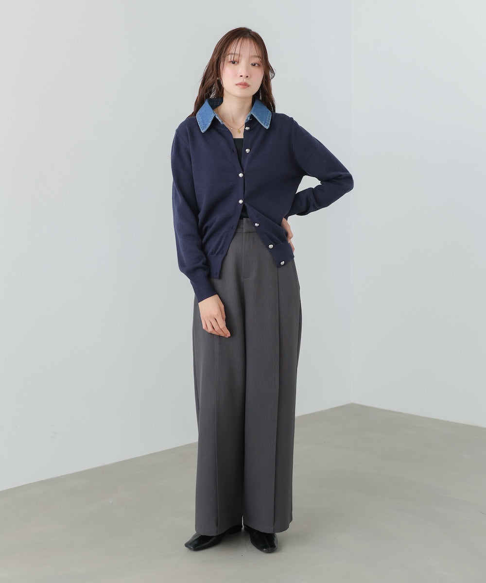 衿デニムドッキングニットカーディガン