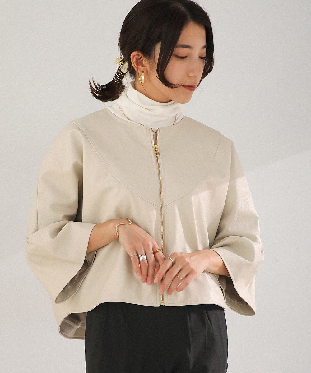 BouJeloud レザーノーカラーVヨークジャケット