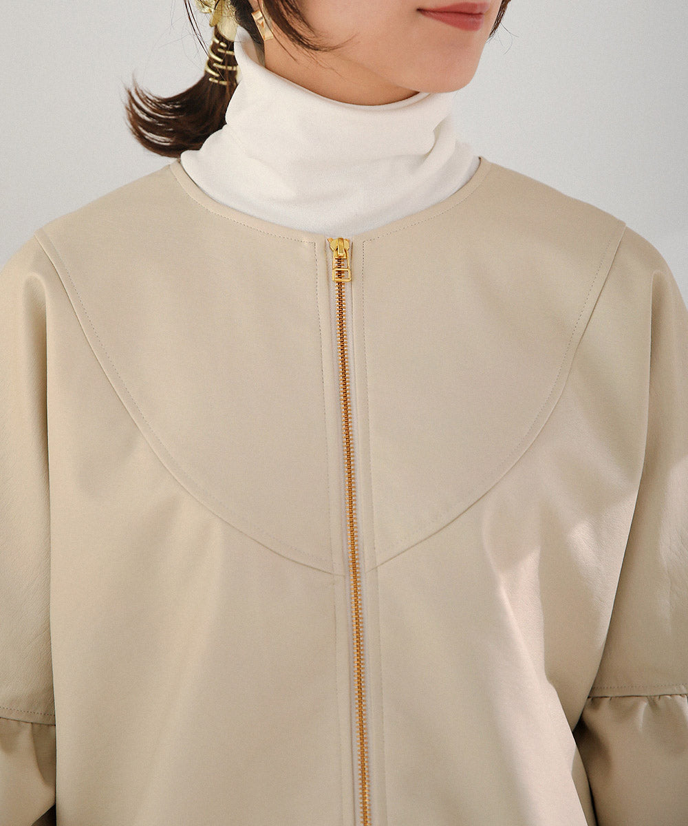BouJeloud レザーノーカラーVヨークジャケット