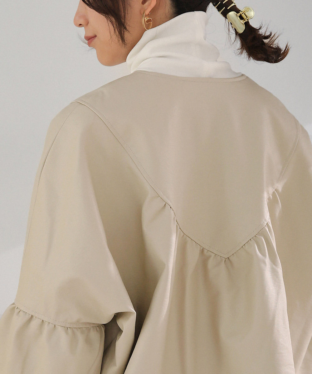 BouJeloud レザーノーカラーVヨークジャケット