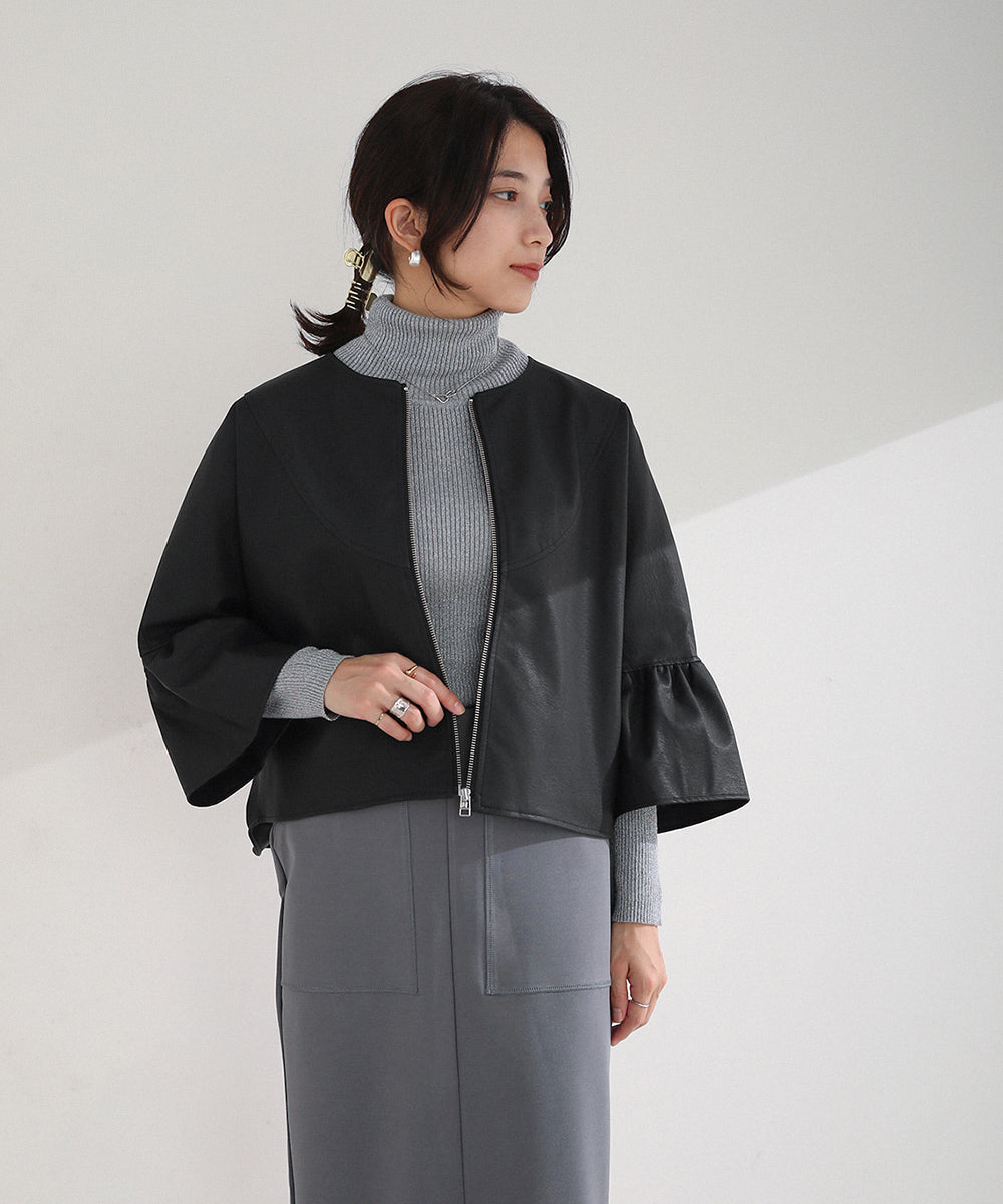 BouJeloud レザーノーカラーVヨークジャケット