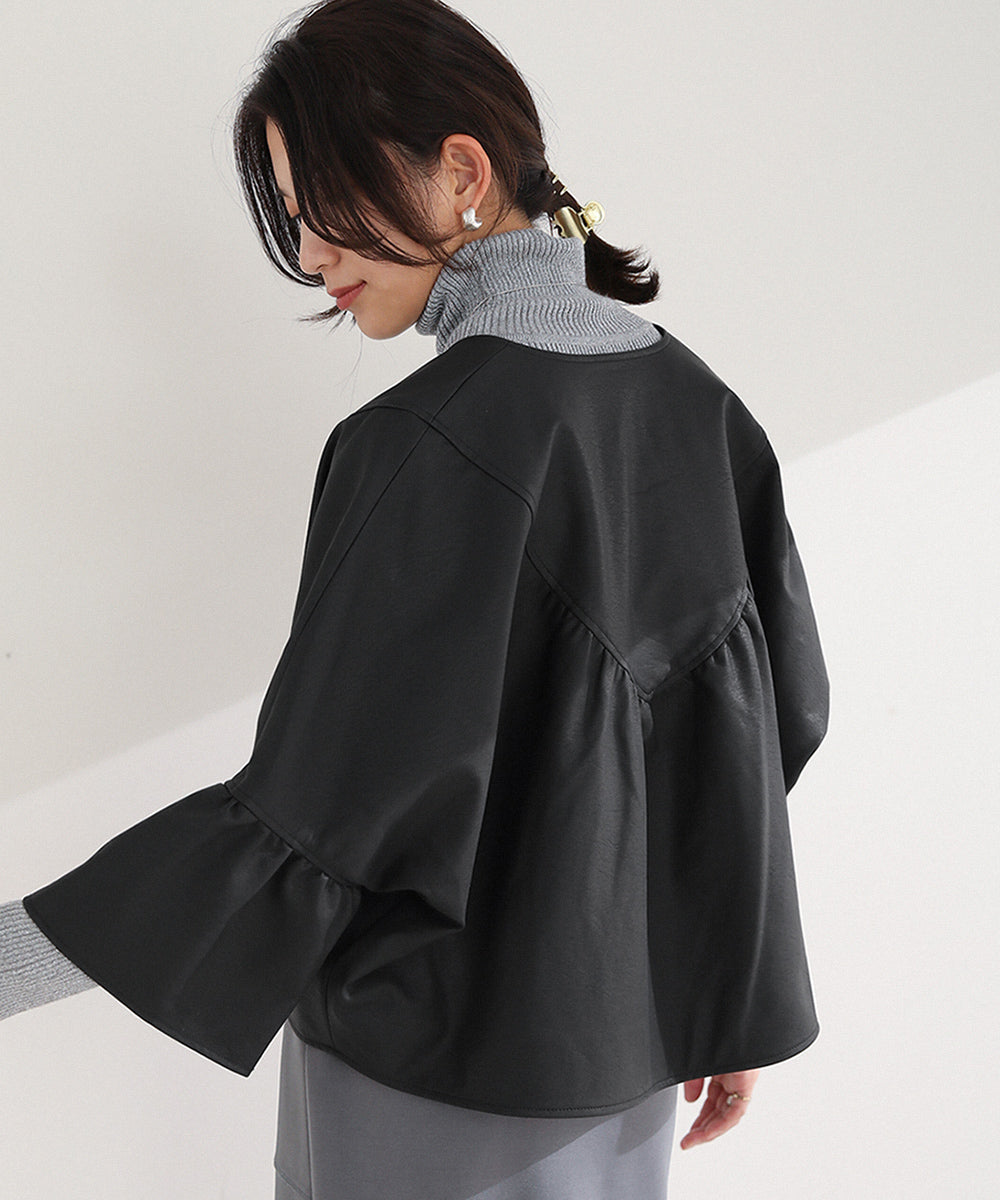 BouJeloud レザーノーカラーVヨークジャケット