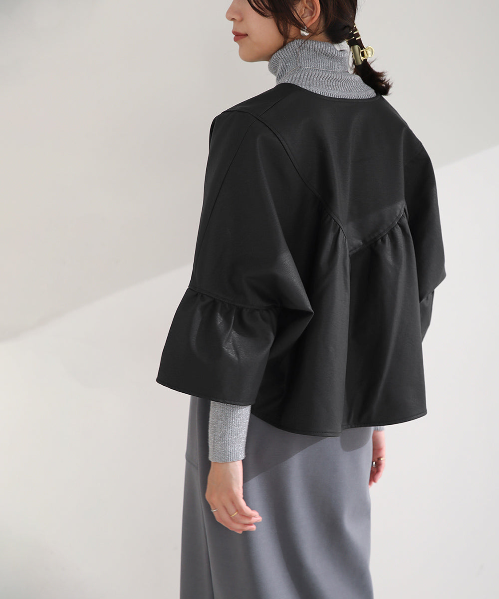 BouJeloud レザーノーカラーVヨークジャケット