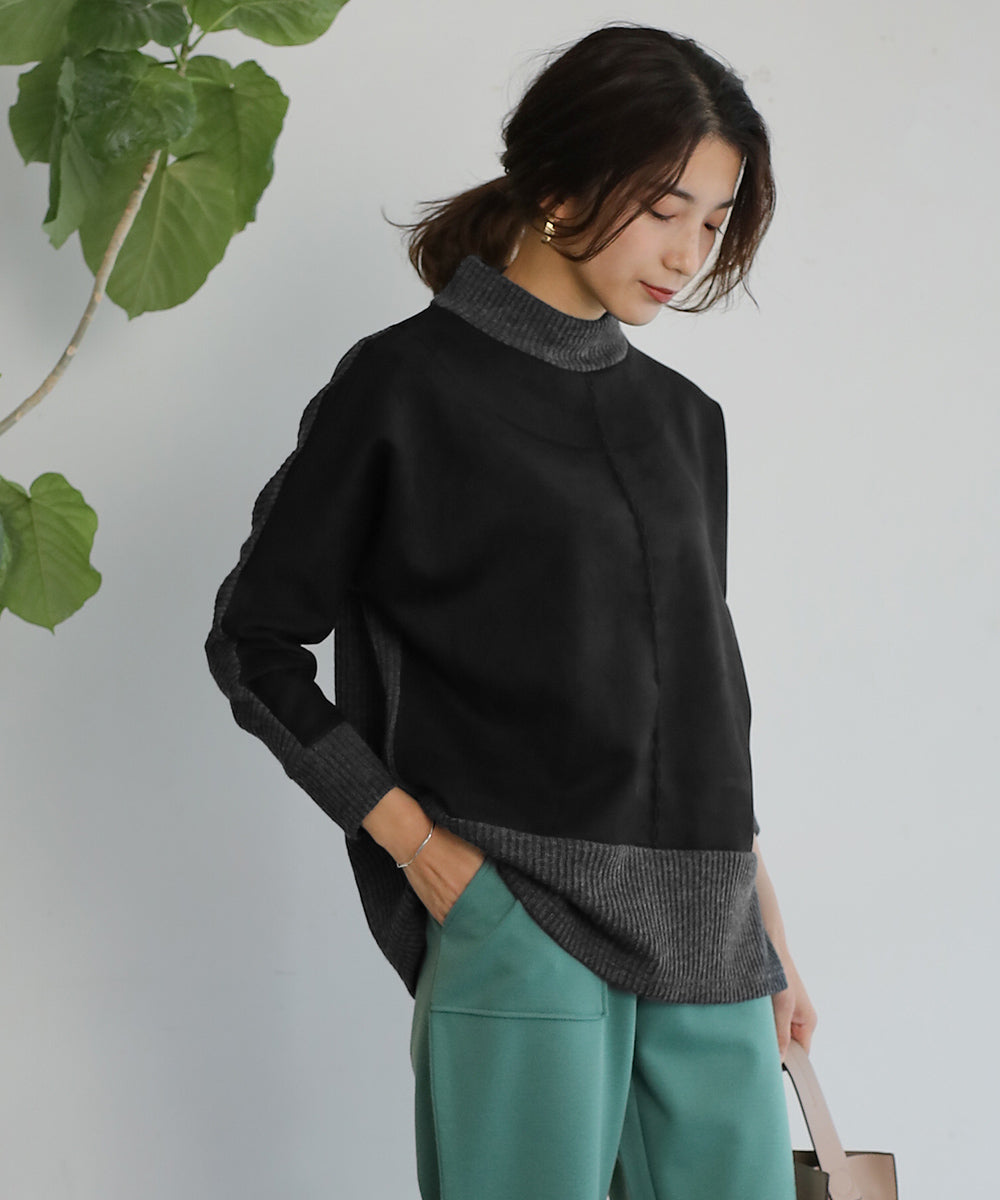 BouJeloud スエードxモックネックトップス
