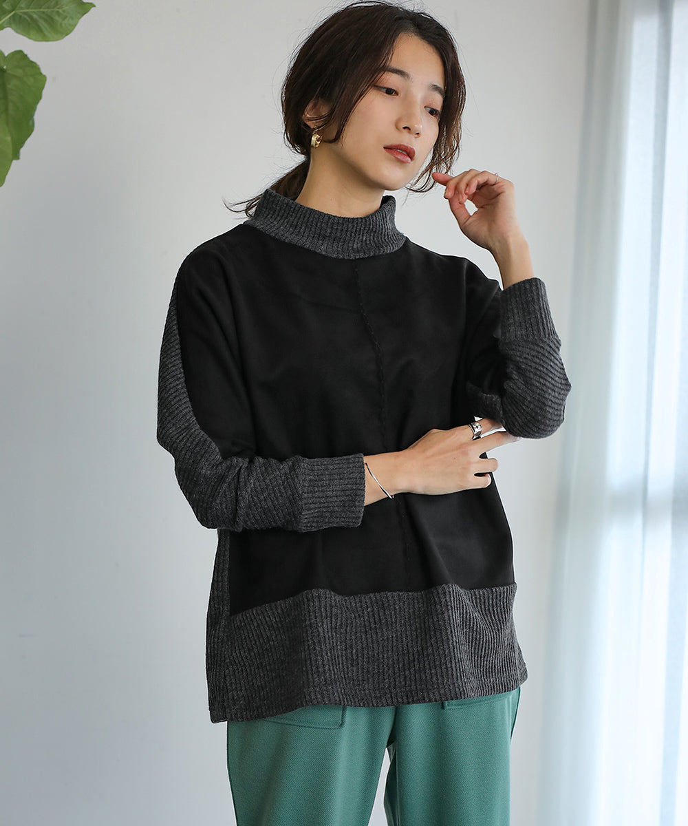 BouJeloud スエードxモックネックトップス