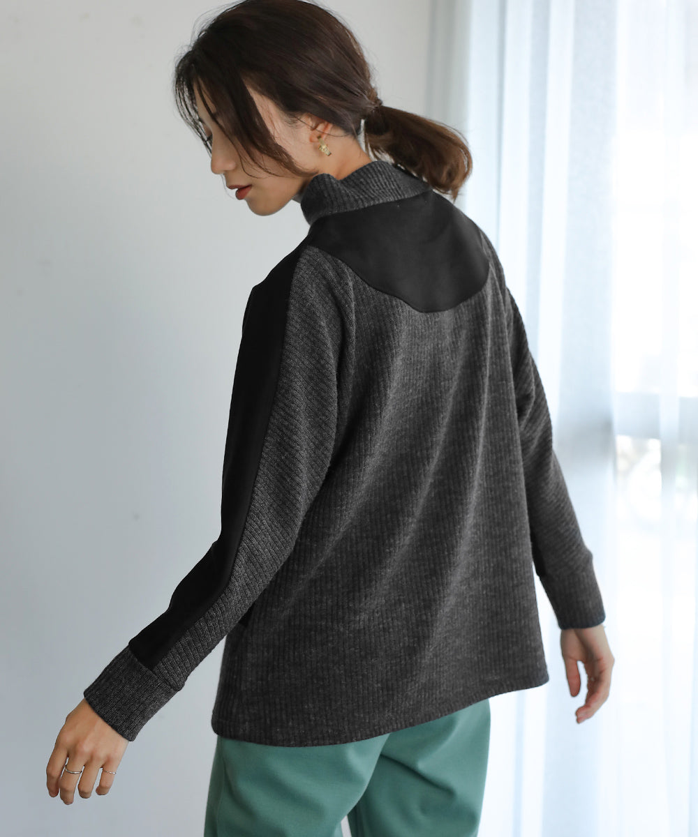 BouJeloud スエードxモックネックトップス