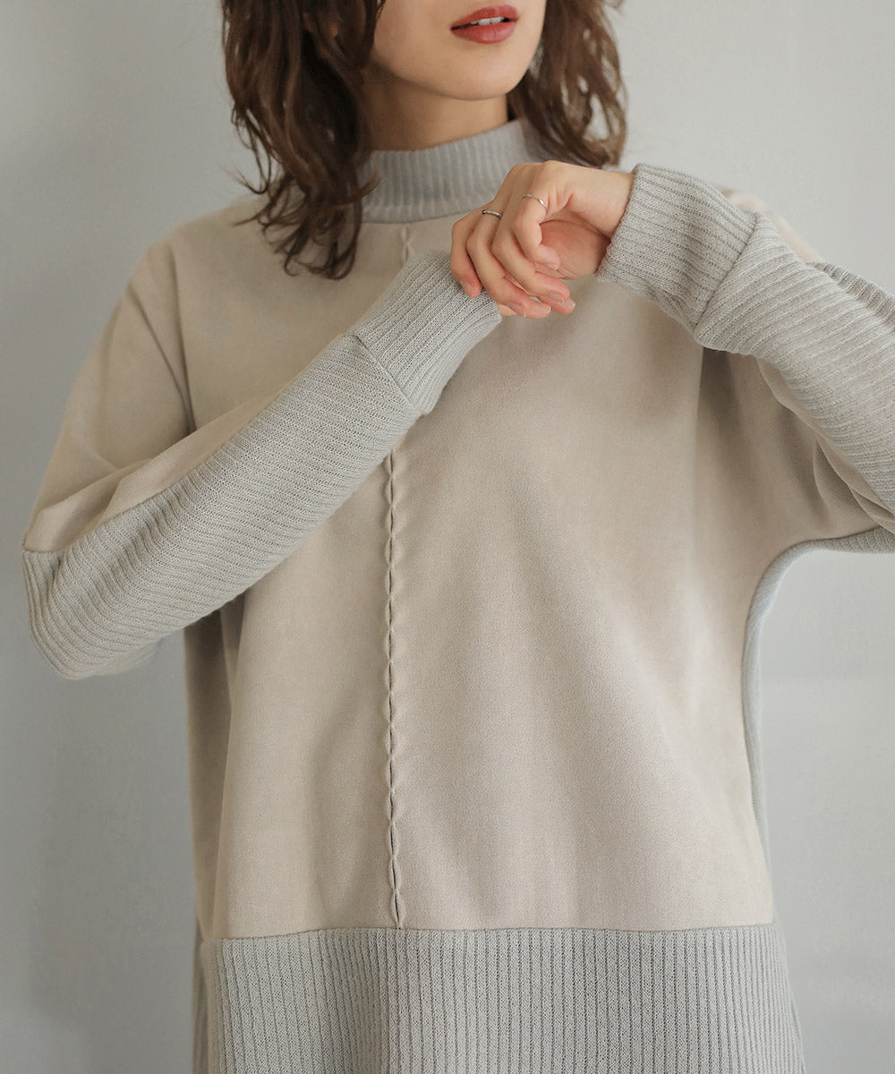 BouJeloud スエードxモックネックトップス