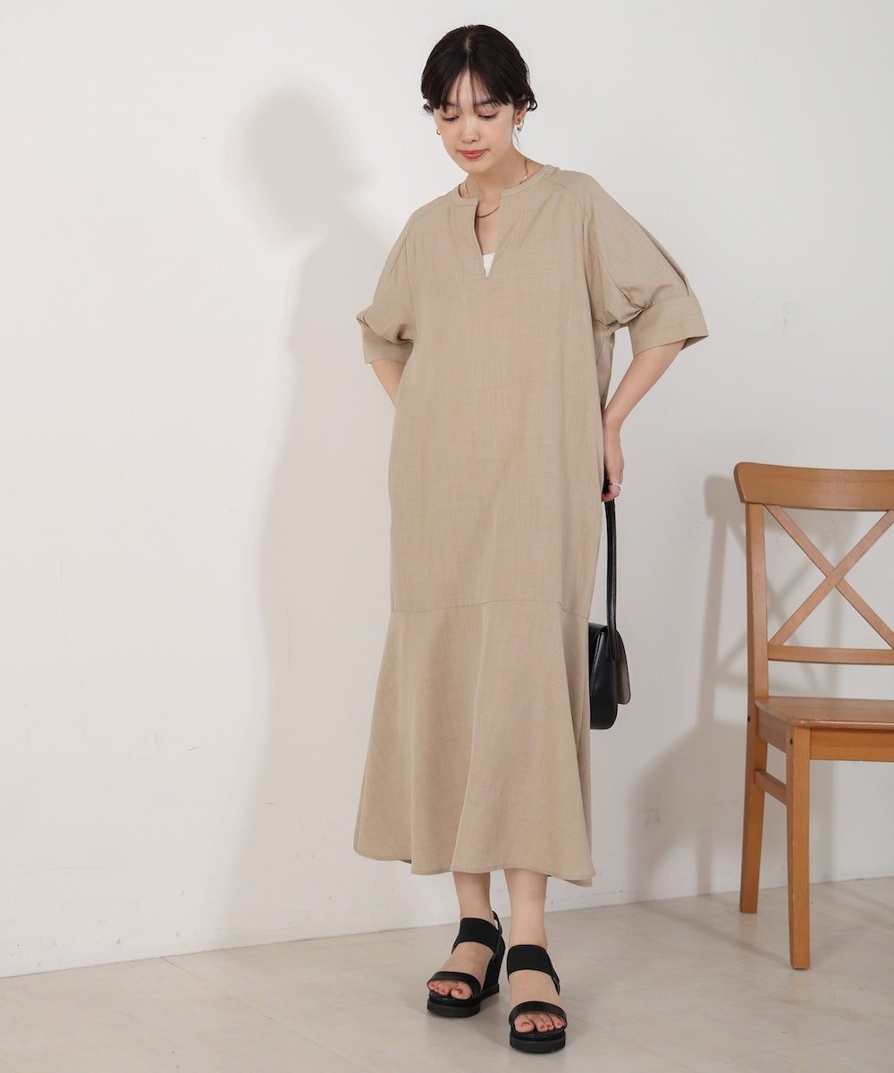 【WEB限定】麻ライクキーネックワンピース