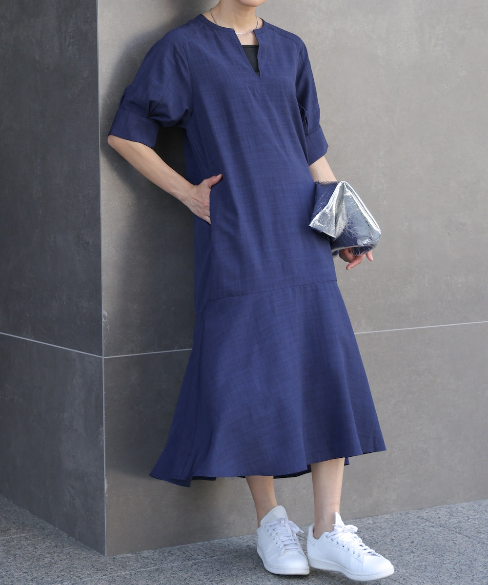 【WEB限定】麻ライクキーネックワンピース