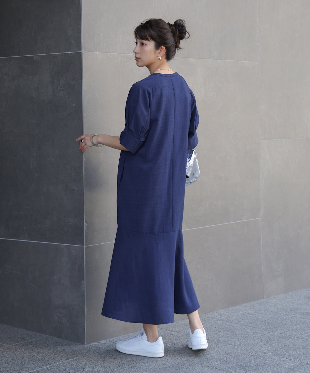 【WEB限定】麻ライクキーネックワンピース