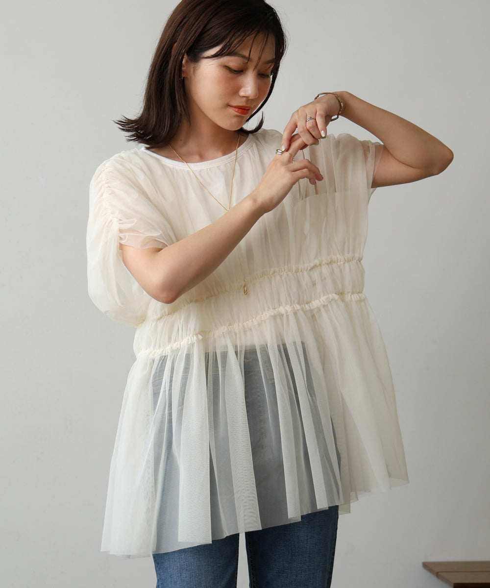 【WEB限定】チュールドッッキングギャザーブラウス