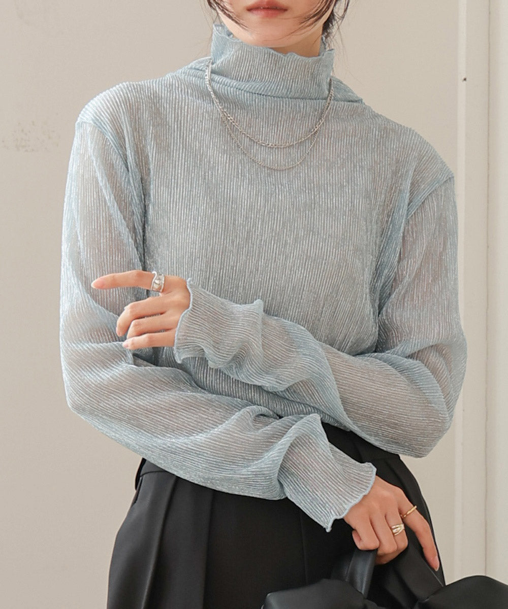 プリーツシアーハイネックトップス