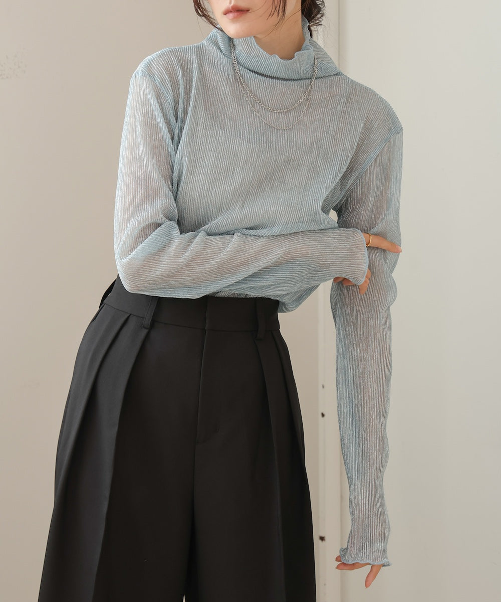 プリーツシアーハイネックトップス