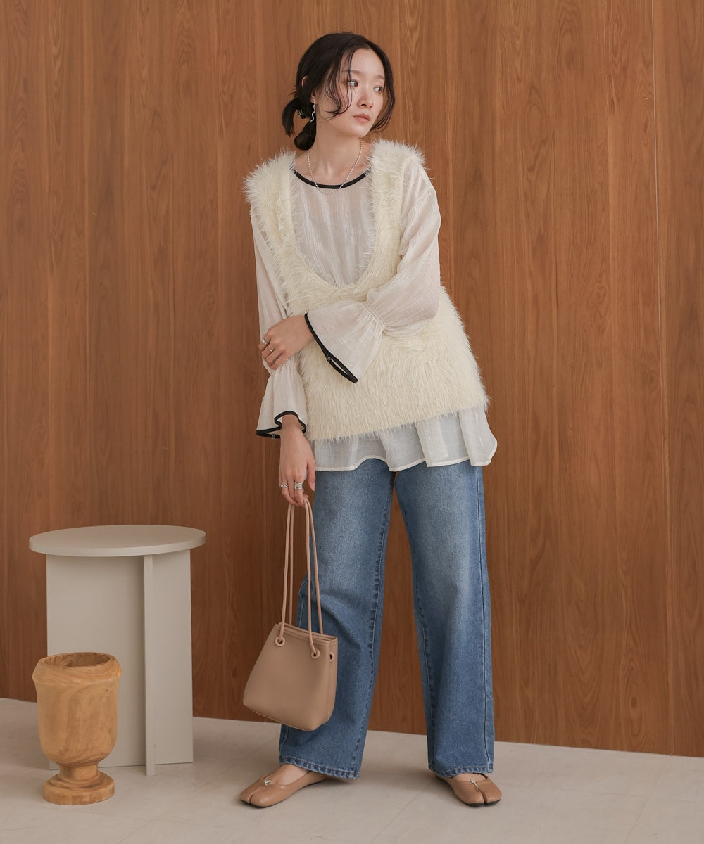 袖パイピング楊柳ブラウス