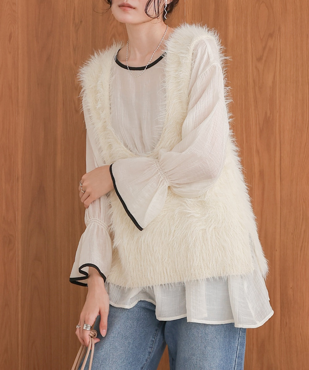 袖パイピング楊柳ブラウス