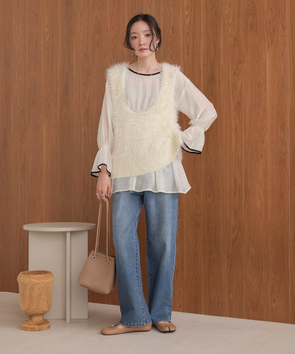 袖パイピング楊柳ブラウス