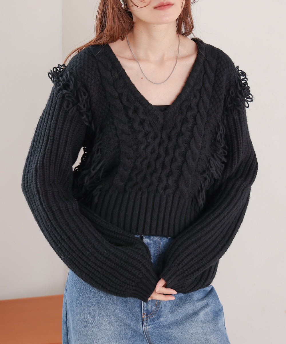 フリンジバルキーニットトップス