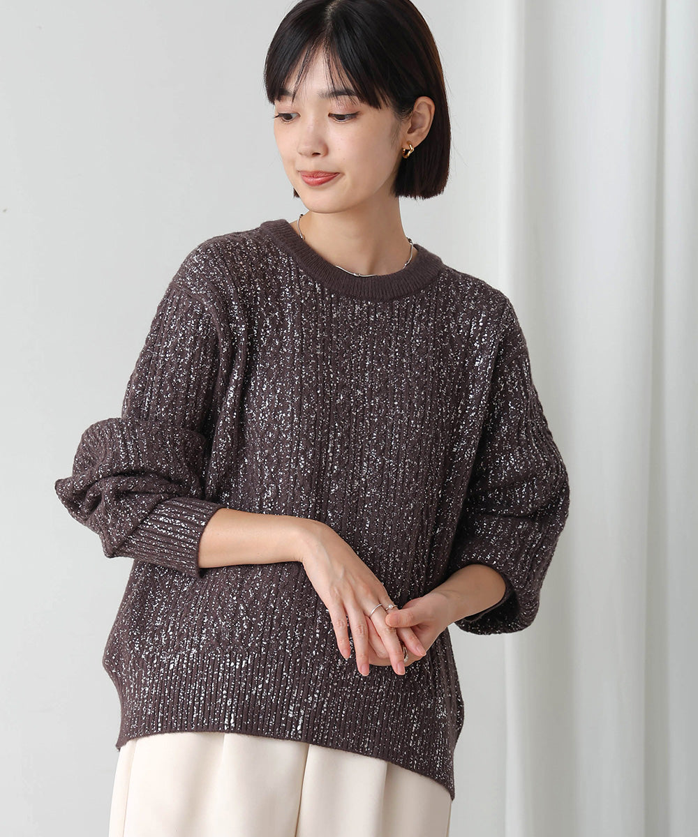 箔プリントスリットネックニットプル