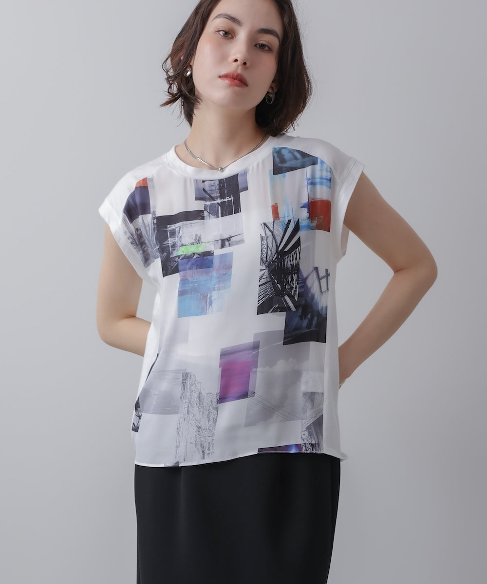 水彩ペイント柄ノースリプルオーバー