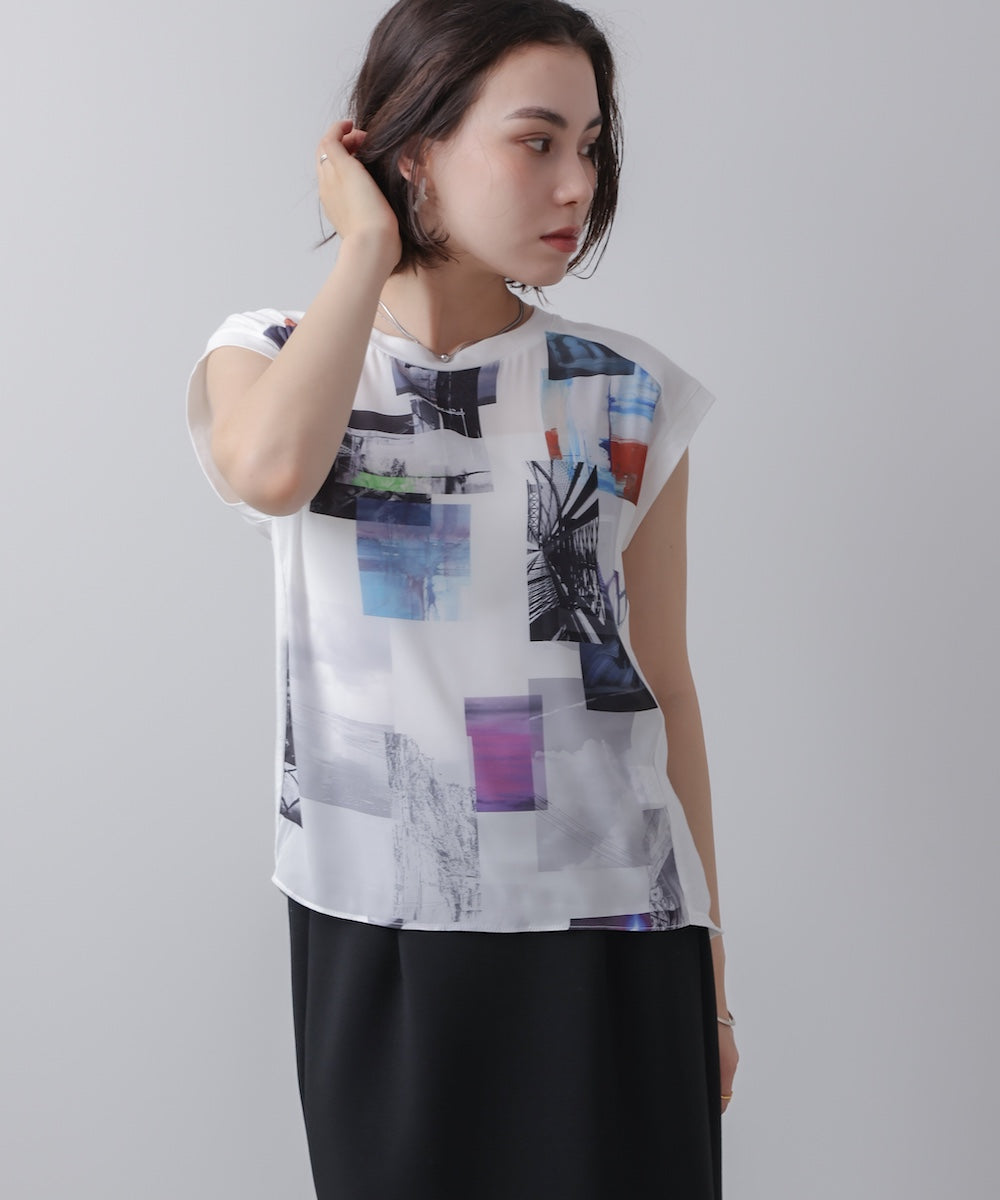 水彩ペイント柄ノースリプルオーバー