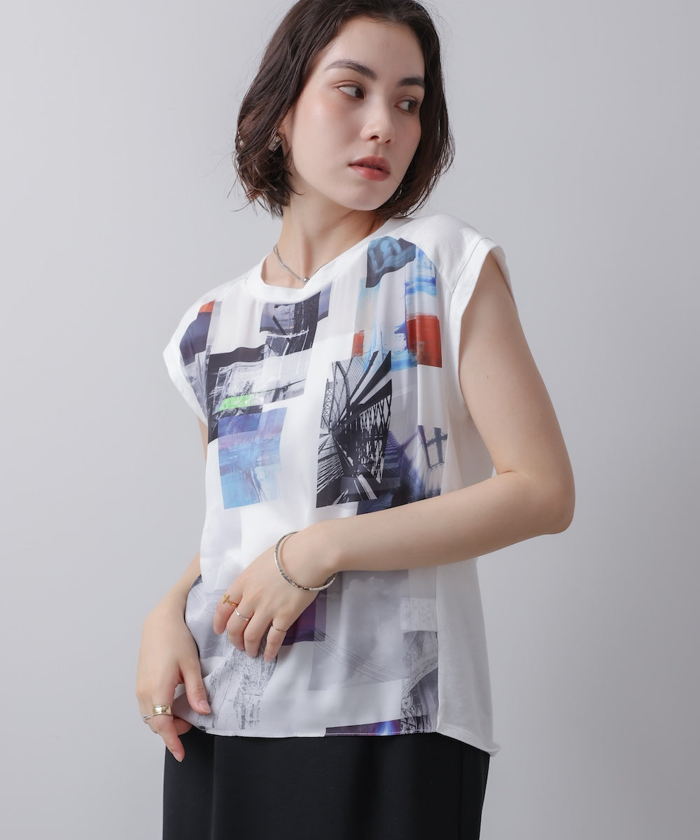 水彩ペイント柄ノースリプルオーバー