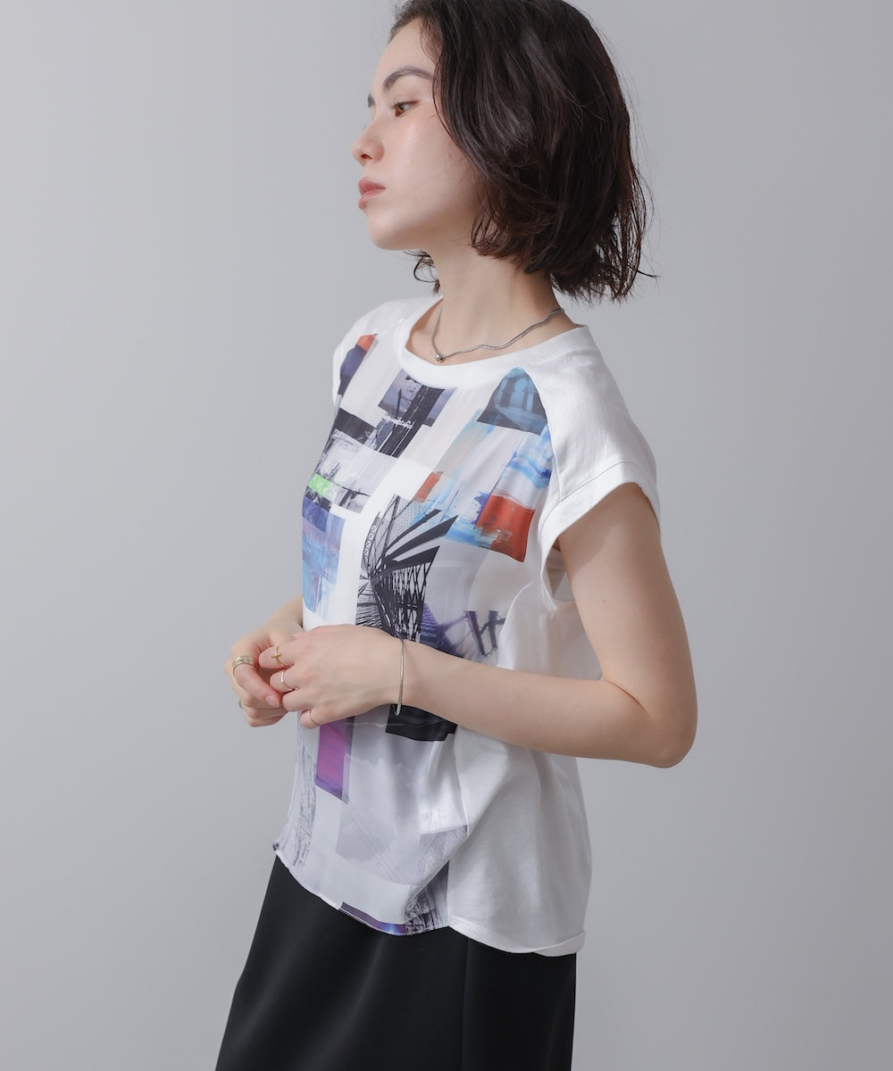 水彩ペイント柄ノースリプルオーバー